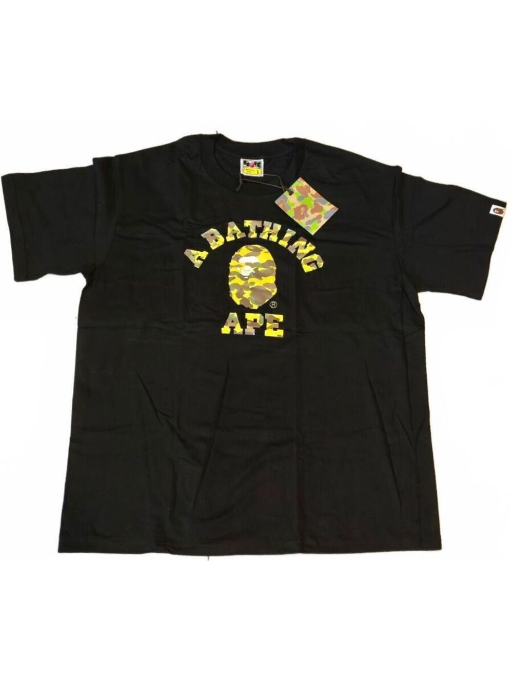 A Bathing Ape Black T-Shirt with Yellow Camo Logo Size Large